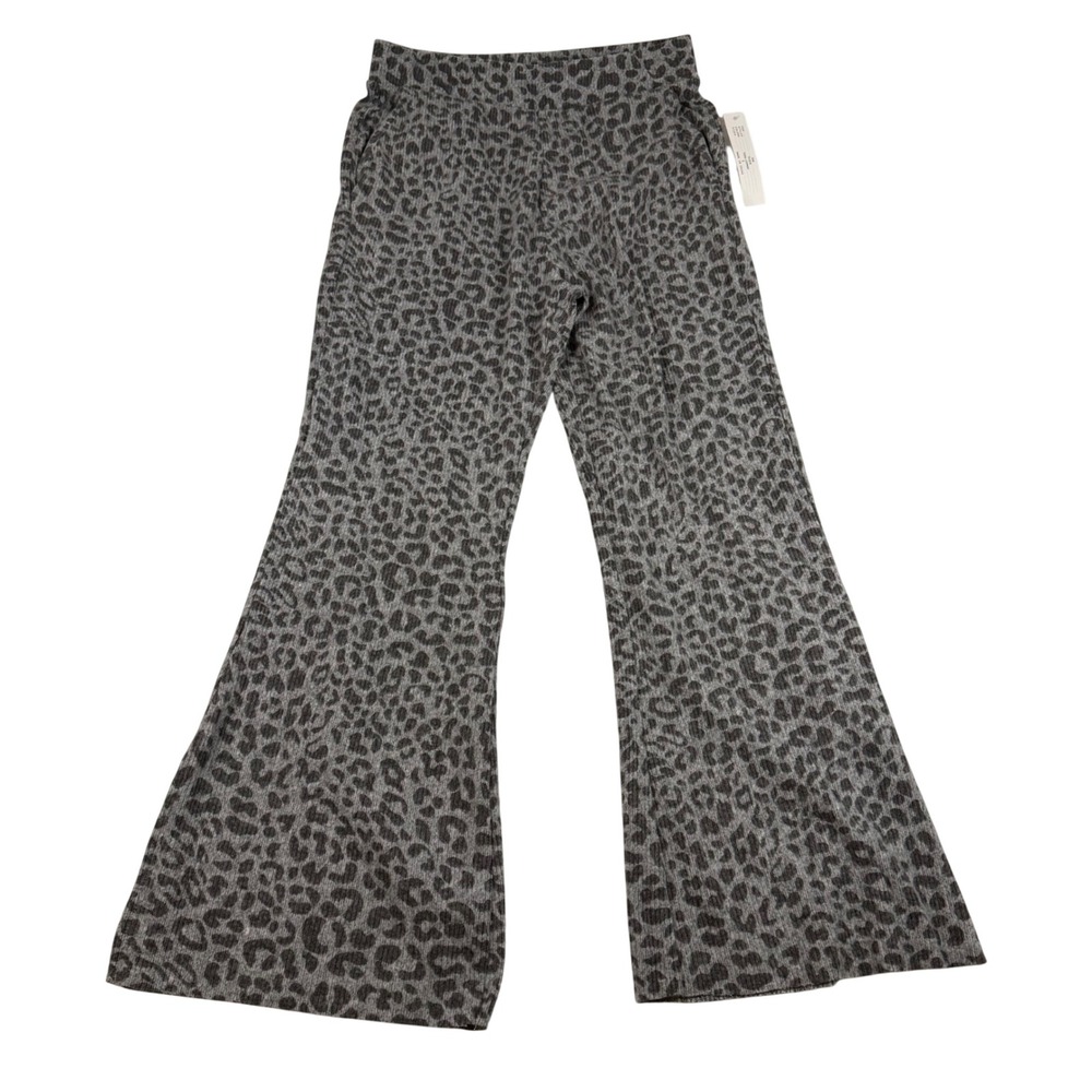 Theo & Spence Tonal Leopard Ribbed Knit Flare Lounge Pants Grey TS1257B SmallNEW